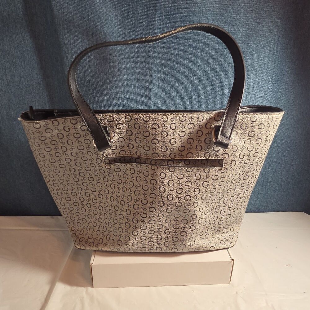 Guess Los Angeles Monogram Tote Bag Gray Black Shoulder Purse - Picture 3 of 16